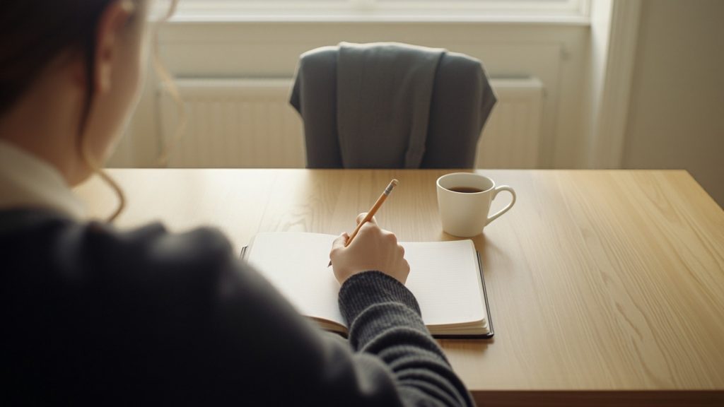 A person seen from behind writing a list in a notebook at a sunlit kitchen table