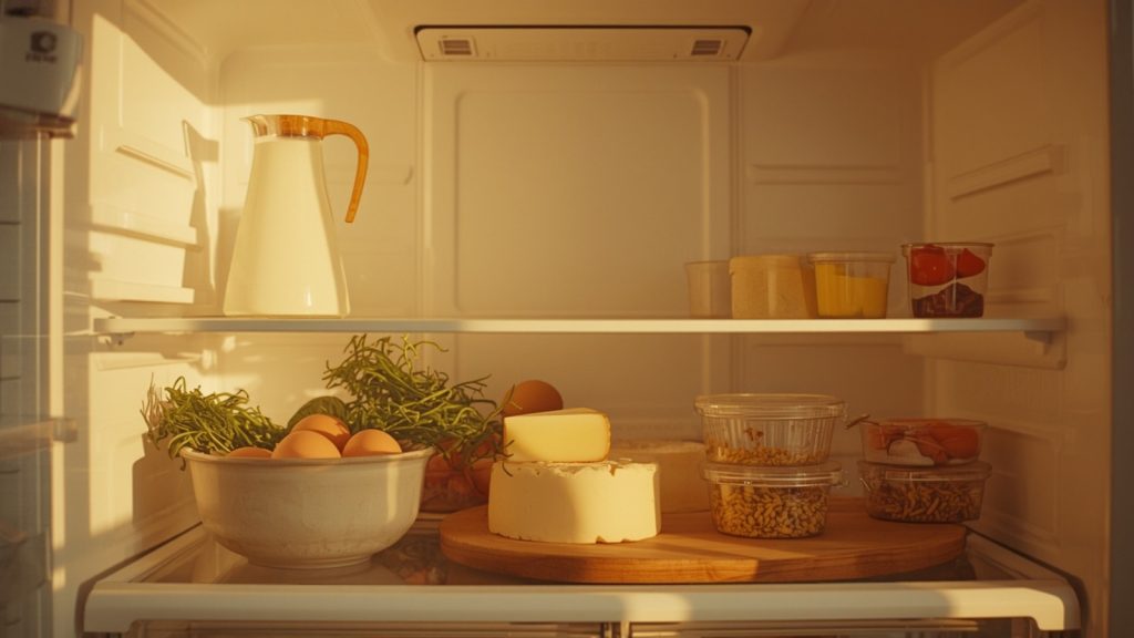An open fridge holding vegetables, eggs, cheese and leftovers in glass containers