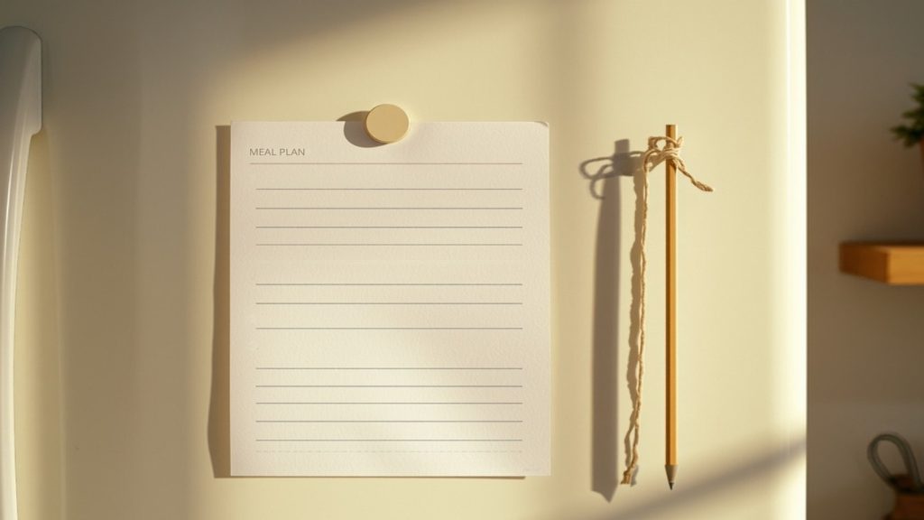 A blank weekly meal plan sheet held by a magnet on a cream fridge door with a pencil beside it