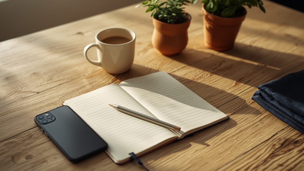 A phone lying face down beside an open notebook and a mug of coffee on a kitchen table