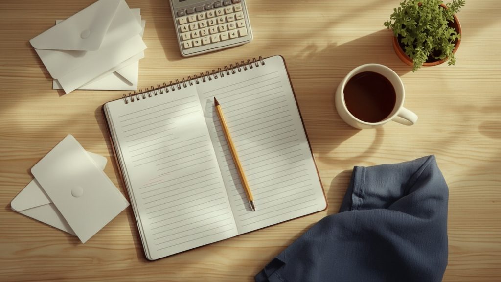 An open blank notebook, pencil, calculator, envelopes and a mug of coffee on a kitchen table