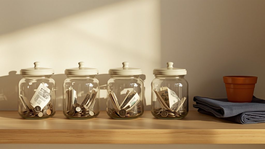 A row of glass jars on a kitchen shelf holding folded banknotes and coins