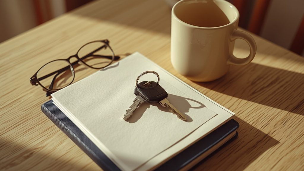 Car keys and reading glasses resting on a stack of plain documents beside a mug