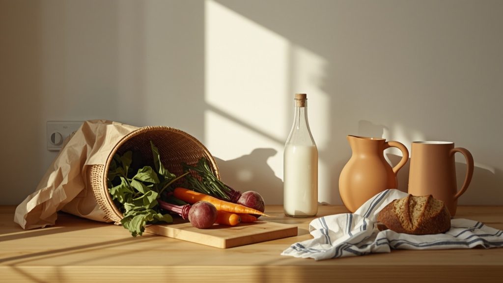 A grocery shop unpacked onto a kitchen counter with vegetables, bread and milk