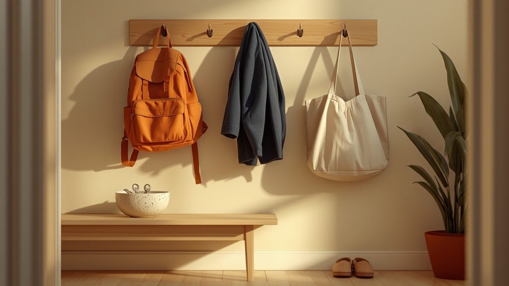 Wall hooks by a front door holding a backpack, coat and tote bag, with a bowl for keys below