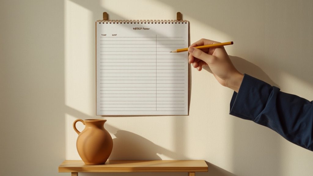 A hand with a pencil about to write on a blank weekly planner pad pinned to a kitchen wall