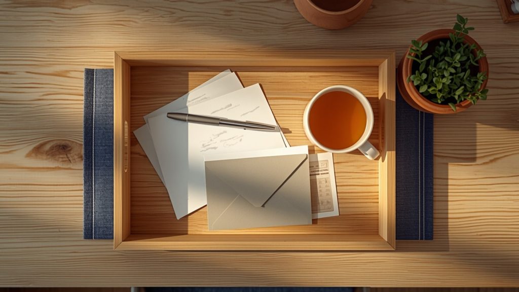 An overhead view of a wooden tray holding opened letters and a pen on a kitchen counter