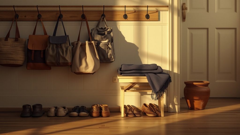 School bags on wooden hooks and shoes lined up below in an evening hallway