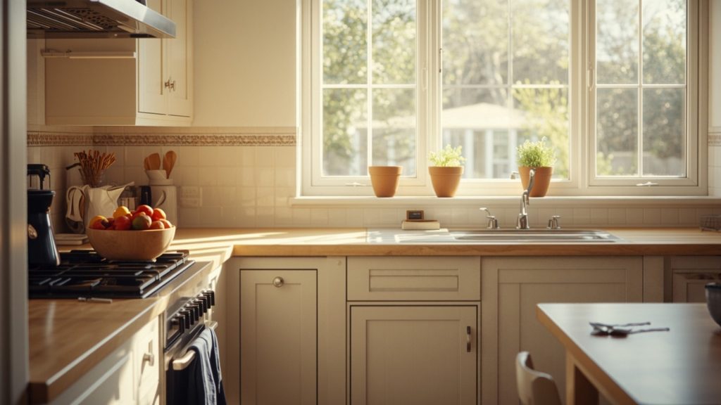 A lived-in family kitchen in daylight with fruit, herbs and a child's chair tucked under the table