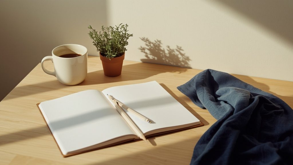An open blank notebook, a pencil, a cold cup of coffee and a pot of thyme on a kitchen table