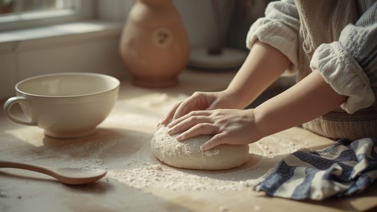 An adult and a child kneading bread dough together on a floured counter