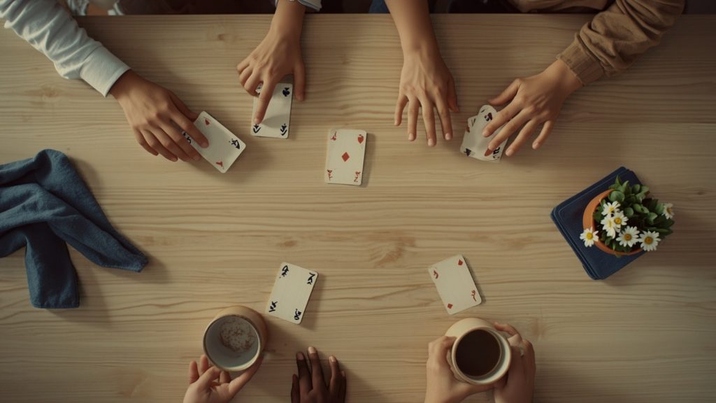 Four pairs of hands of different sizes playing cards around a kitchen table