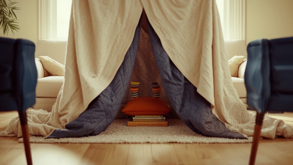 A blanket fort built between a sofa and two chairs, with books and a cushion inside