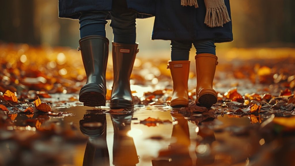 Adult and child wellington boots stepping through a puddle and autumn leaves