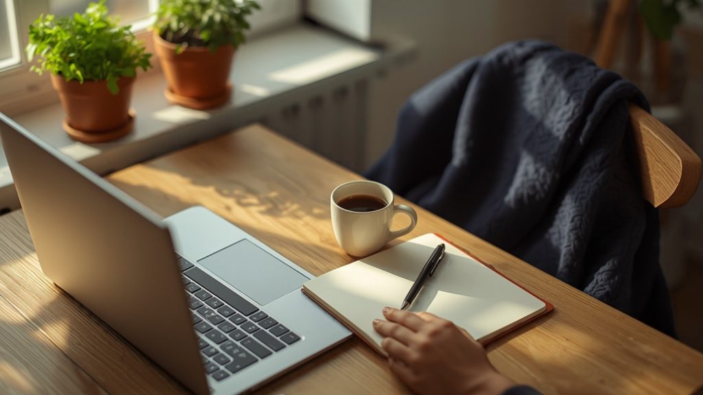 A laptop, notebook and mug of coffee on a kitchen table in early morning light