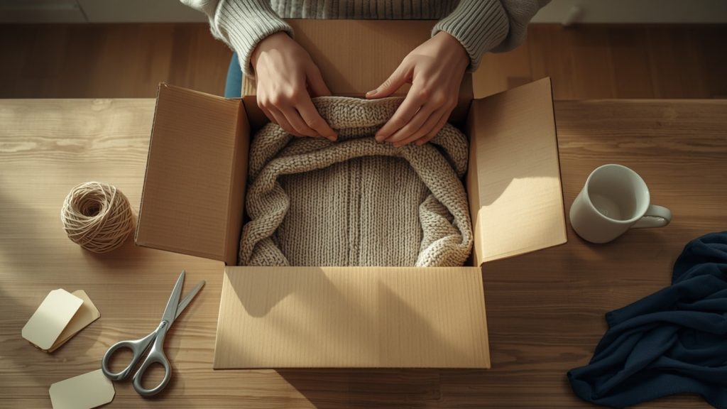 Hands folding a jumper into a cardboard box beside twine and scissors