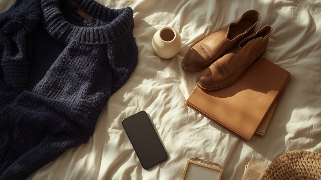 Secondhand clothes, boots, books and a vase laid out on a bedsheet ready to photograph for selling