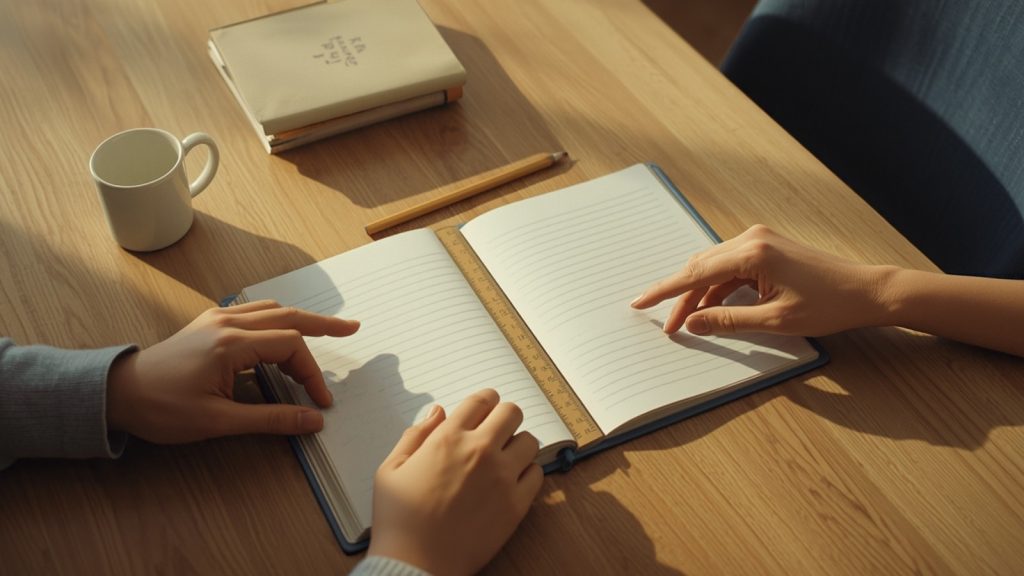 An adult and a teenager working through an exercise book together at a dining table